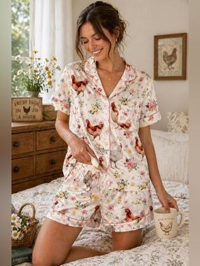 Chicken Print Pajama Set Cottagecore Floral Hen PJ Shorts Set S